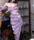 Sexy Purple Sheath Halter Satin Prom Dress Party Dresses with Slit HZ1023