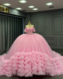 Charming Ball Gown Off-The-Shoulder Appliques Pink Tulle Sweet 16 Dress, Quinceanera Dress HZ1023