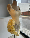 Stunning Sheath Straps Beaded Yellow Satin Tulle Short Homecoming Dress Cocktail Dress HZ1023