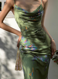 Green Simple Sheath Spaghetti Strap Print Floral Satin Prom Dress Evening Dress Formal Gown HZ1023