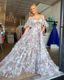 Elegant Off The Shoulder Flowers Long Prom Dress Tulle Evening Dress HZ1023