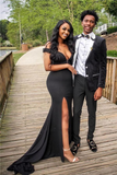 Side Slit Black Sheath Long Off Shoulder Sweetheart Mermaid Prom Dresses HZ1023