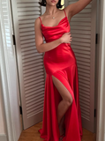 Sexy Mermaid Spaghetti Strap Red Satin Prom Dress Evening Dress with Slit HZ1023