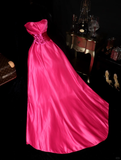 Barbie Pink A Line Strapless Satin Long Party Dress Evening Dress with Bow HZ1023