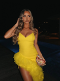 Cute Sheath Spaghetti Strap Yellow Satin Tulle Prom Dress Graduation Prom Dress HZ1023