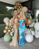 Chic Blue Satin Appliques Mermaid Prom Dress HZ1023