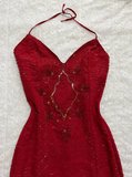 Vintage Mermaid Spaghetti Strap Sequin Beaded Red Chiffon Evening Dress Party Dress HZ1023