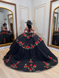 Sexy Red Flower Ball Gown Off the Shoulder Black Tulle Sweet 16 Dress Party Gowns Quinceanera Dresses HZ1023