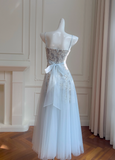 Stunning A Line Spaghetti Strap Floral Blue Tulle Prom Dress Wedding Guest Dress HZ1023