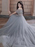 Beautiful Beaded Off Shoulder Tulle Prom Dress, A-line Grey Evening Dress Party Dress HZ1023