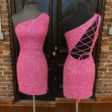 Hot Pink Sequins Tight One Shoulder Homecoming Dress HZ1023
