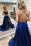 Blue satin long A line prom dress blue evening dress HZ1023