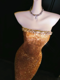 Exquisite Sheath Strapless Orange Rhinestone Long Prom Dress Evening Dress HZ1023
