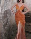 Dreamy Mermaid Spaghetti Straps Orange Satin Chiffon Long Prom Dress Evening Dress HZ1023