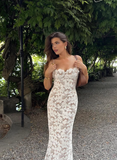 Stunning Sheath Spaghetti Strap White Lace Long Prom Dress Evening Dress HZ1023