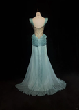 Retro Gorgeous A Line Straps Pleated Beaded Blue Satin Prom Dress Evening Dress HZ1023
