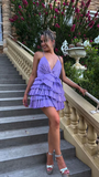 Elegant Purple Pleated V-Neck Homecoming Dress HZ1023