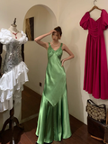 Vintage Mermaid V Neck Beaded Green Satin Long Prom Dress Party Dress HZ1023