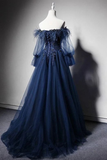 Navy Blue Tulle Lace Beading Off-shoulder Formal Evening Dresses Prom Dresses HZ1023