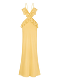 Ruffle Mermaid Spaghetti Straps Yellow Chiffon Satin Open Back Prom Dress Evening Dress HZ1023