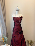 Vintage A Line Strapless Flower Pleated Burgundy Satin Long Prom Dress Party Dress HZ1023