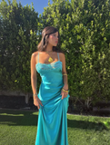 Simple Lake Blue A Line Spaghetti Strap Lace Satin Prom Dress HZ1023