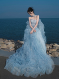 Gorgeous A Line Strapless Beaded Blue Tulle Long Party Dress Evening Dress HZ1023
