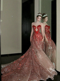 Mermaid Sweetheart Neck Red Ombre Sequin Tulle Long Prom Dress Graduation Prom Dress HZ1023