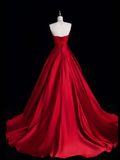 Simple A Line Strapless Red Satin Long Sweep Prom Dress Graduation Prom Dress HZ1023