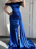 Royal Blue Mermaid Straps Corset Pleated Satin Long Prom Dress Evening Dress HZ1023