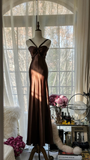 Sexy Mermaid Halter Brown Satin Long Open Back Party Dress Evening Dress HZ1023