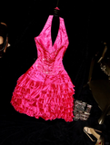 Barbie Pink Cute A Line Halter Beaded Layered Satin Short Homecoming Dress Party Dress HZ1023