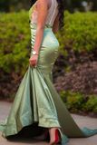 Charming Green Appliques Mermaid Prom Dress Sweep Train Evening Dress HZ1023