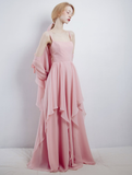 Pink A Line Straps Chiffon Slit Long Prom Dress Evening Dress with Cape HZ1023