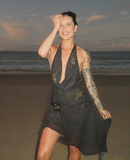 Sexy Black Sheath Halter Pleated Beaded Chiffon Vacation Dress Outfits HZ1023