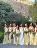 Simple Sheath Spaghetti Strap Light Yellow Satin Long Bridesmaid Dress Evening Dress HZ1023