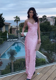 Stunning Pink Sheath Spaghetti Strap Sequin Party Dress Wedding Guest Dress Prom Dress HZ1023