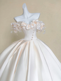 Elegant Ball Gown Off the Shoulder Floral Ivory Satin Prom Dress Wedding Dresses HZ1023