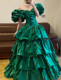 Stunning A Line Off the Shoulder Emerald Satin Long Sweep Party Dress Prom Dress HZ1023