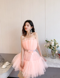 Pink A Line Strapless Tulle Short Outfit Party Dress Homecoming Dress Birthday Dress HZ1023