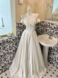 White Classy Ball Gown Off the Shoulder Pearl Satin Long Prom Dress Wedding Dress HZ1023