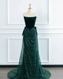 Green A Line Strapless Velvet Sequin Long Sweep Prom Dress Graduation Prom Dress HZ1023