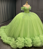 Romantic Poofy Off the Shoulder Beaded Green Tulle Ball Gown Quinceanera Dress HZ1023