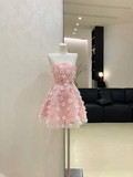 Pretty A Line Strapless Flower Pink Tulle Short Homecoming Dress Cocktail Dress HZ1023