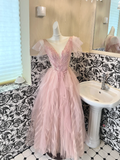 Classic Pink A Line V Neck Beaded Tulle Long Party Dress Prom Dress Formal Dress HZ1023