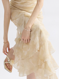 Apricot Mermaid Spaghetti Strap Ruffle Chiffon Long Prom Dress Party Dress HZ1023