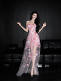 Romantic Pink 3D Floral A Line Sweetheart Neck Tulle Date Dress Evening Dress Homecoming Dress HZ1023