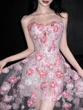 Romantic Pink 3D Floral A Line Sweetheart Neck Tulle Date Dress Evening Dress Homecoming Dress HZ1023