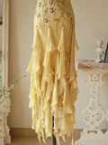 Yellow Mermaid Spaghetti Strap Embroidered Beaded Ruffle Chiffon Prom Dress Formal Dress HZ1023