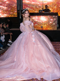Romantic Poofy Pink Floral Wedding Dresses Off the Shoulder Ball Gown Quinceanera Dress HZ1023
